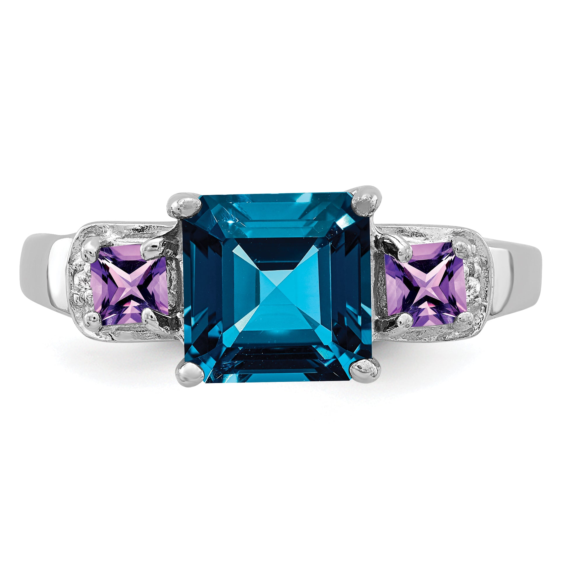 Sterling Silver Rhodium London Blue Topaz, Amethyst & Diamond Ring