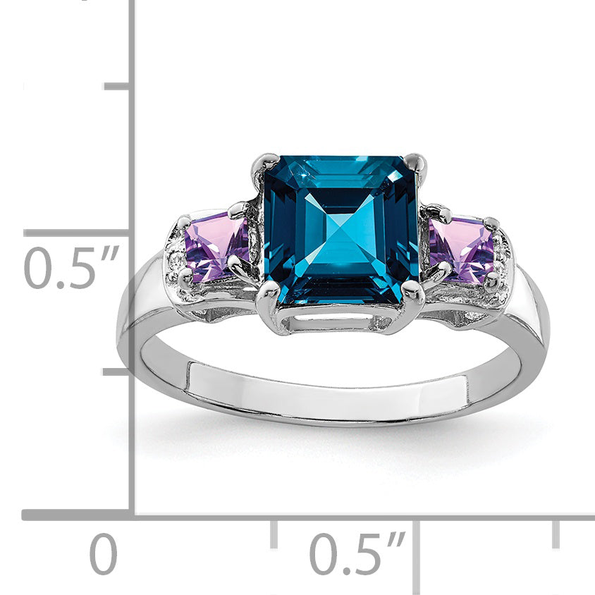 Sterling Silver Rhodium London Blue Topaz, Amethyst & Diamond Ring