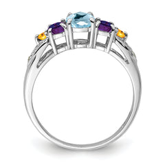 Sterling Silver Rhodium Lght Sw Blue Topaz, Amthyst, Citrine & Diamond Ring