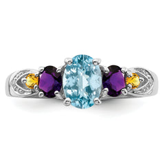 Sterling Silver Rhodium Lght Sw Blue Topaz, Amthyst, Citrine & Diamond Ring