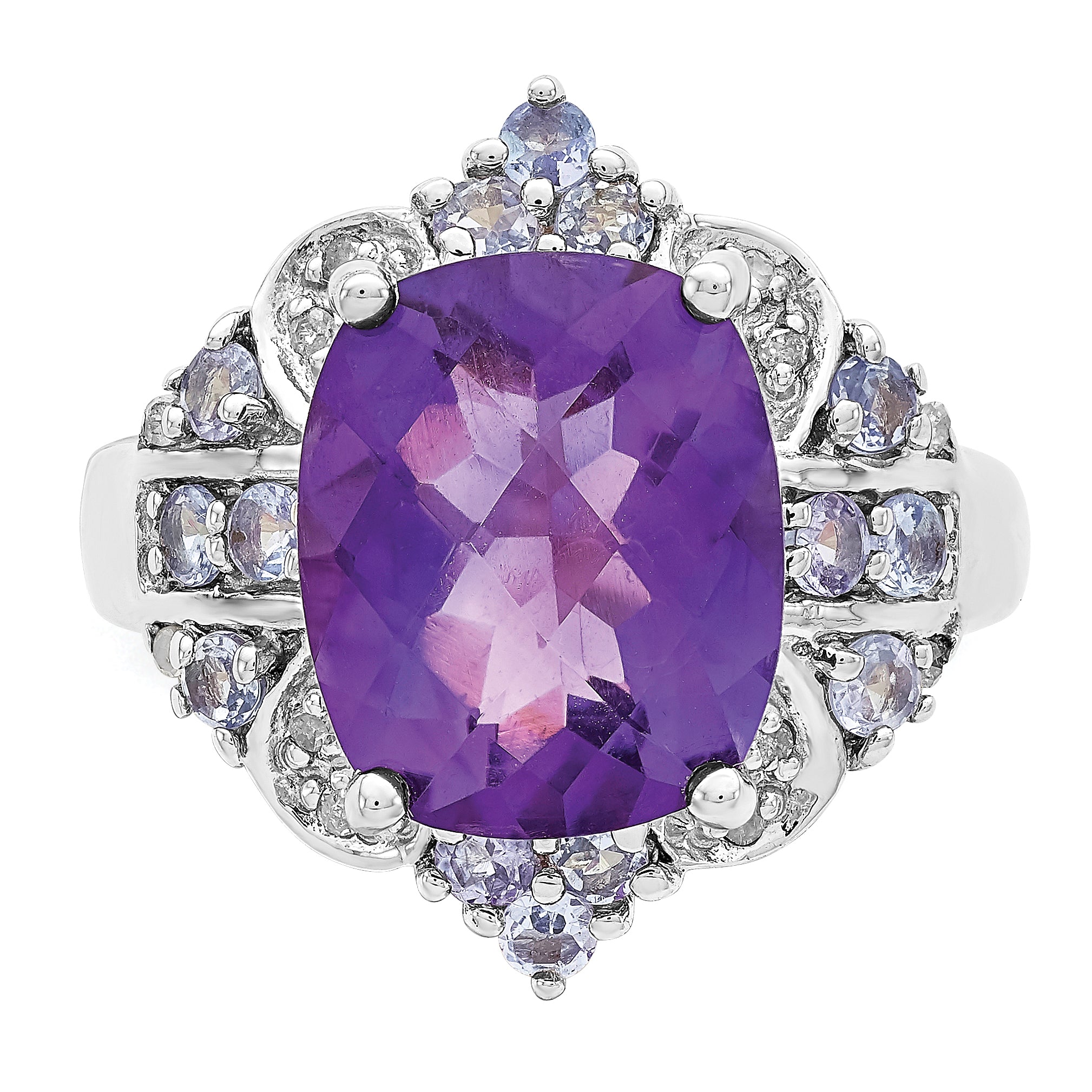 Sterling Silver Rhodium-plated Amethyst, Tanzanite & Diamond Ring