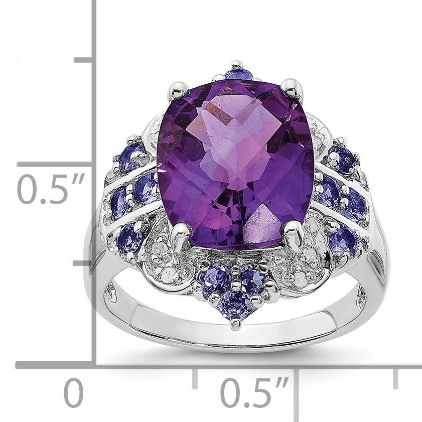 Sterling Silver Rhodium-plated Amethyst, Tanzanite & Diamond Ring