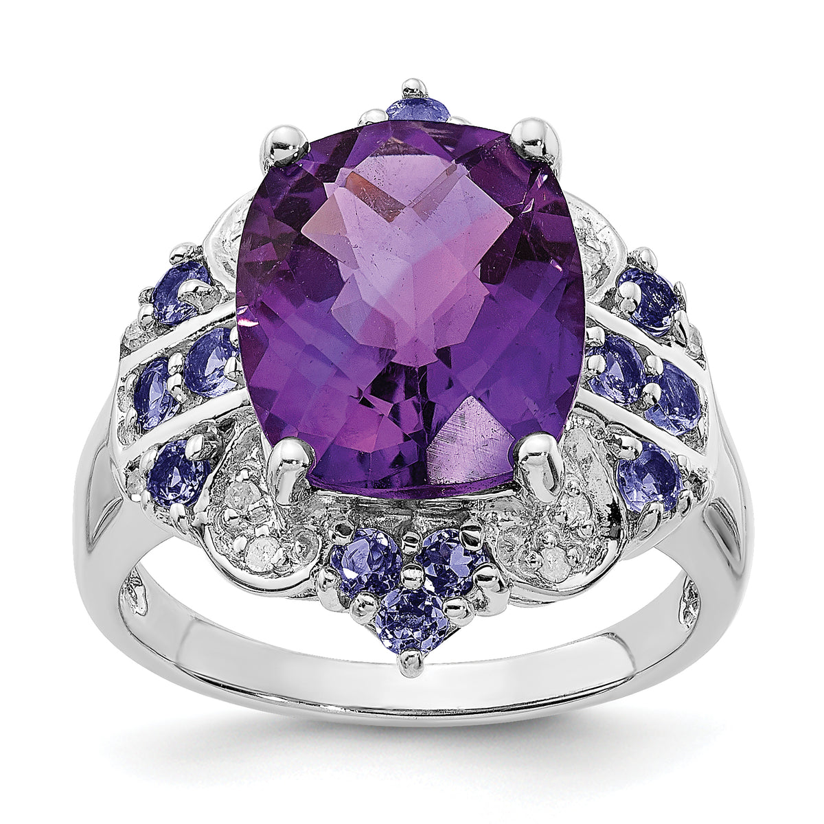 Sterling Silver Rhodium-plated Amethyst, Tanzanite & Diamond Ring