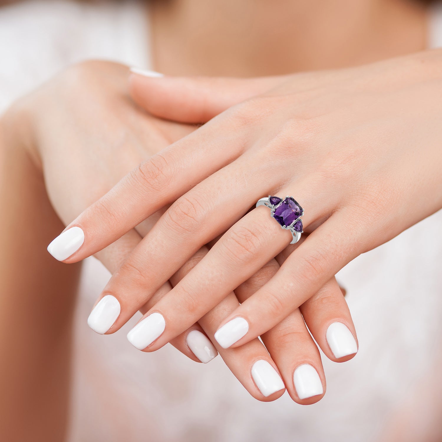 Sterling Silver Rhodium-plated Checker-Cut Amethyst Ring