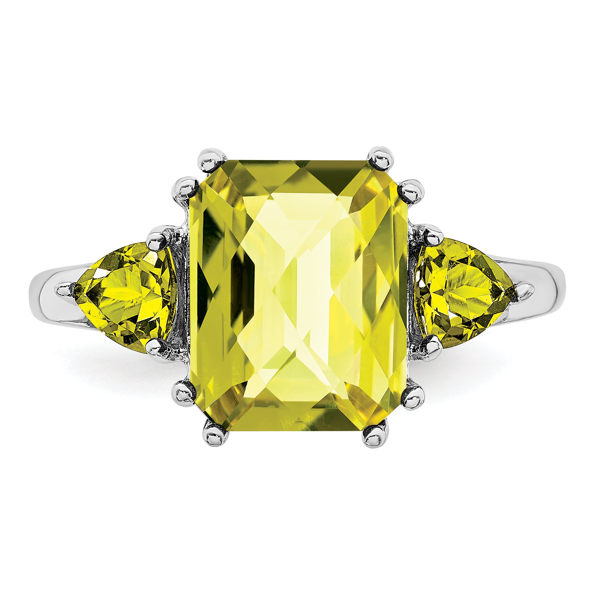 Sterling Silver Rhodium Checker-Cut Lemon Quartz Ring