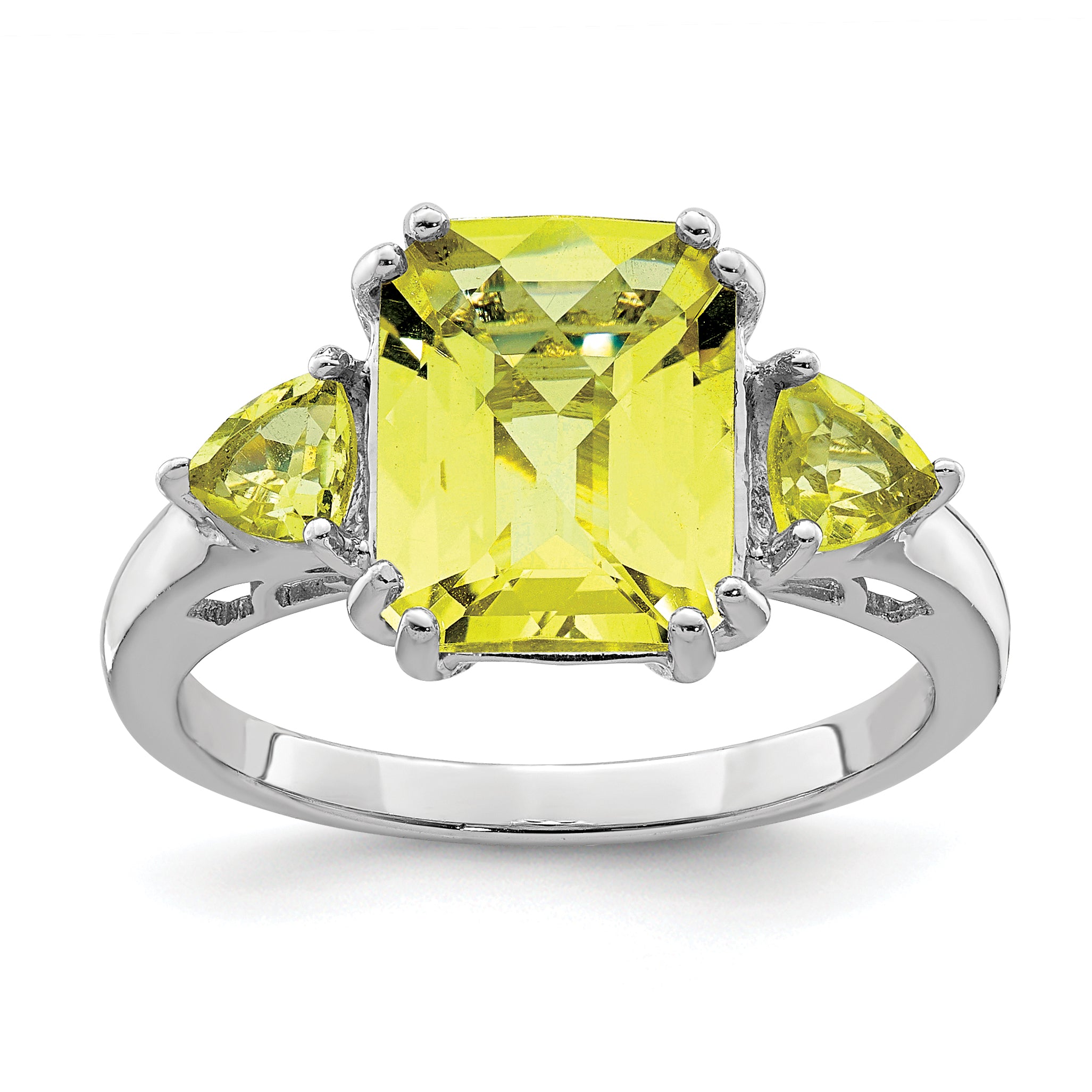 Sterling Silver Rhodium Checker-Cut Lemon Quartz Ring