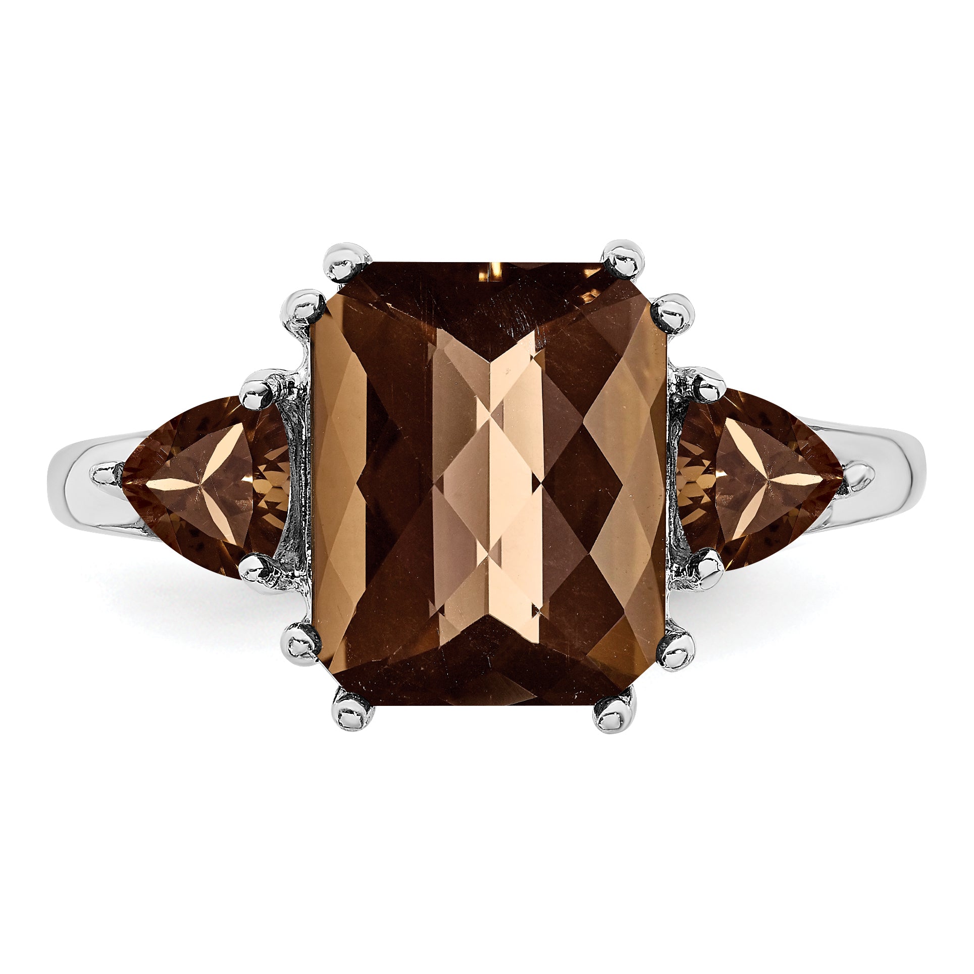 Sterling Silver Rhodium Checker-Cut Smoky Quartz Ring