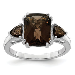 Sterling Silver Rhodium Checker-Cut Smoky Quartz Ring