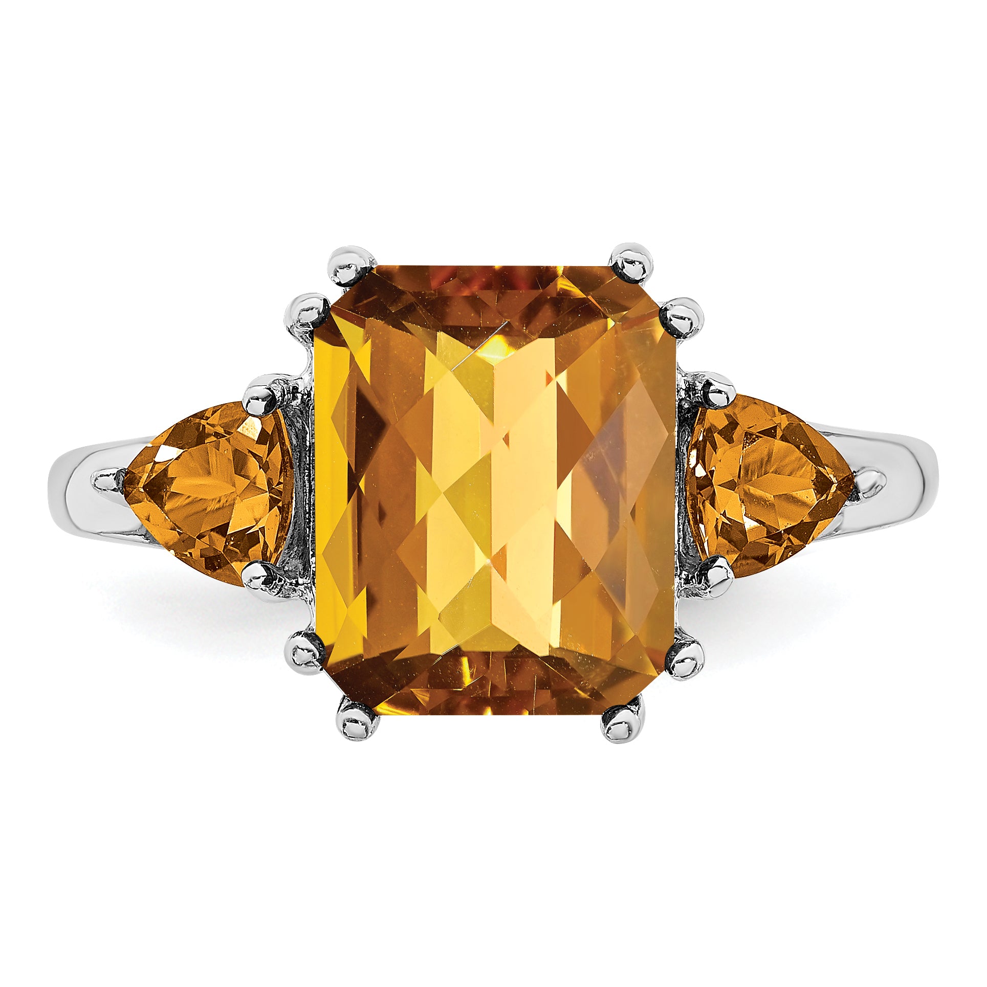 Sterling Silver Rhodium Checker-Cut Whiskey Quartz Ring