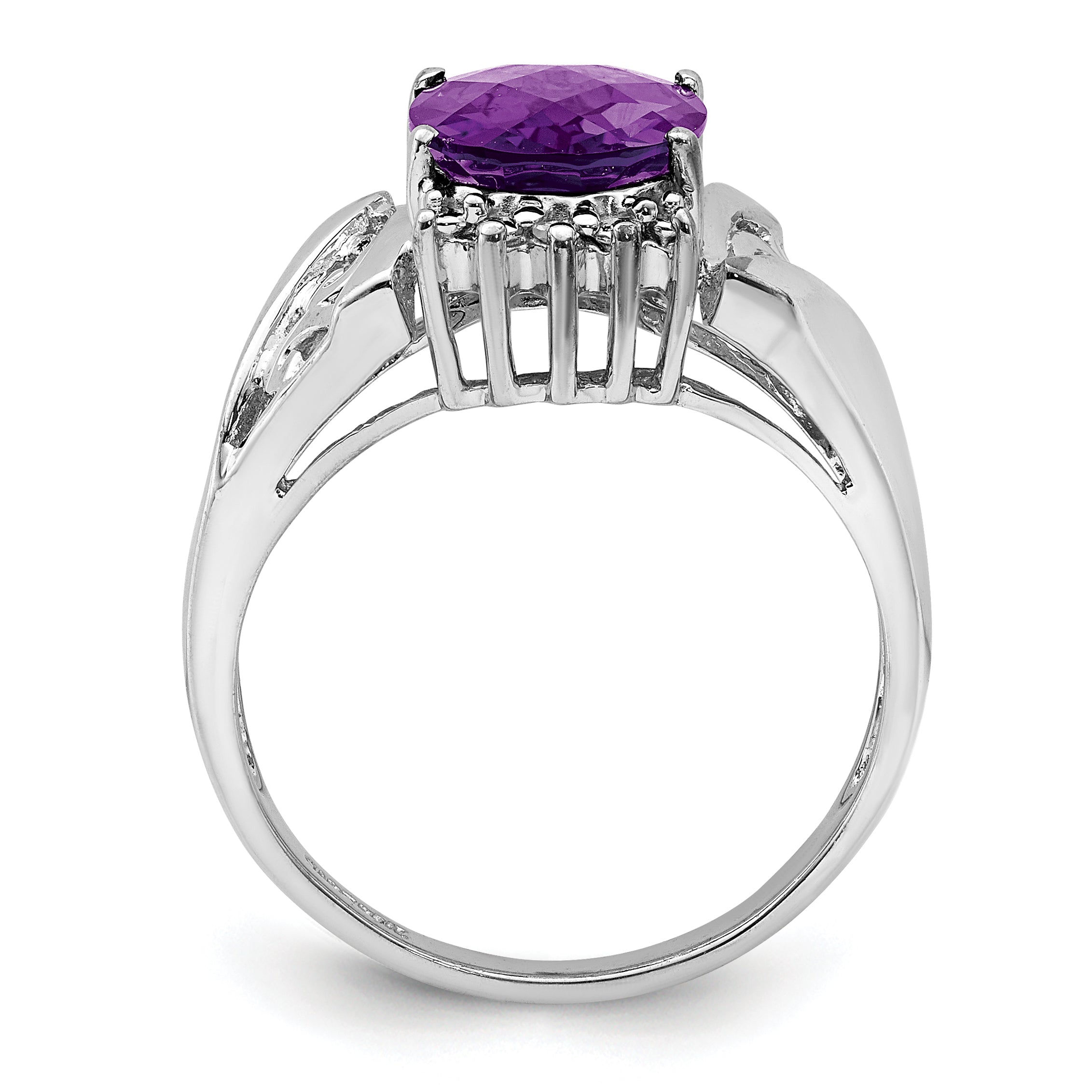 Sterling Silver Rhodium Checker-Cut Amethyst & Oval Diamond Ring