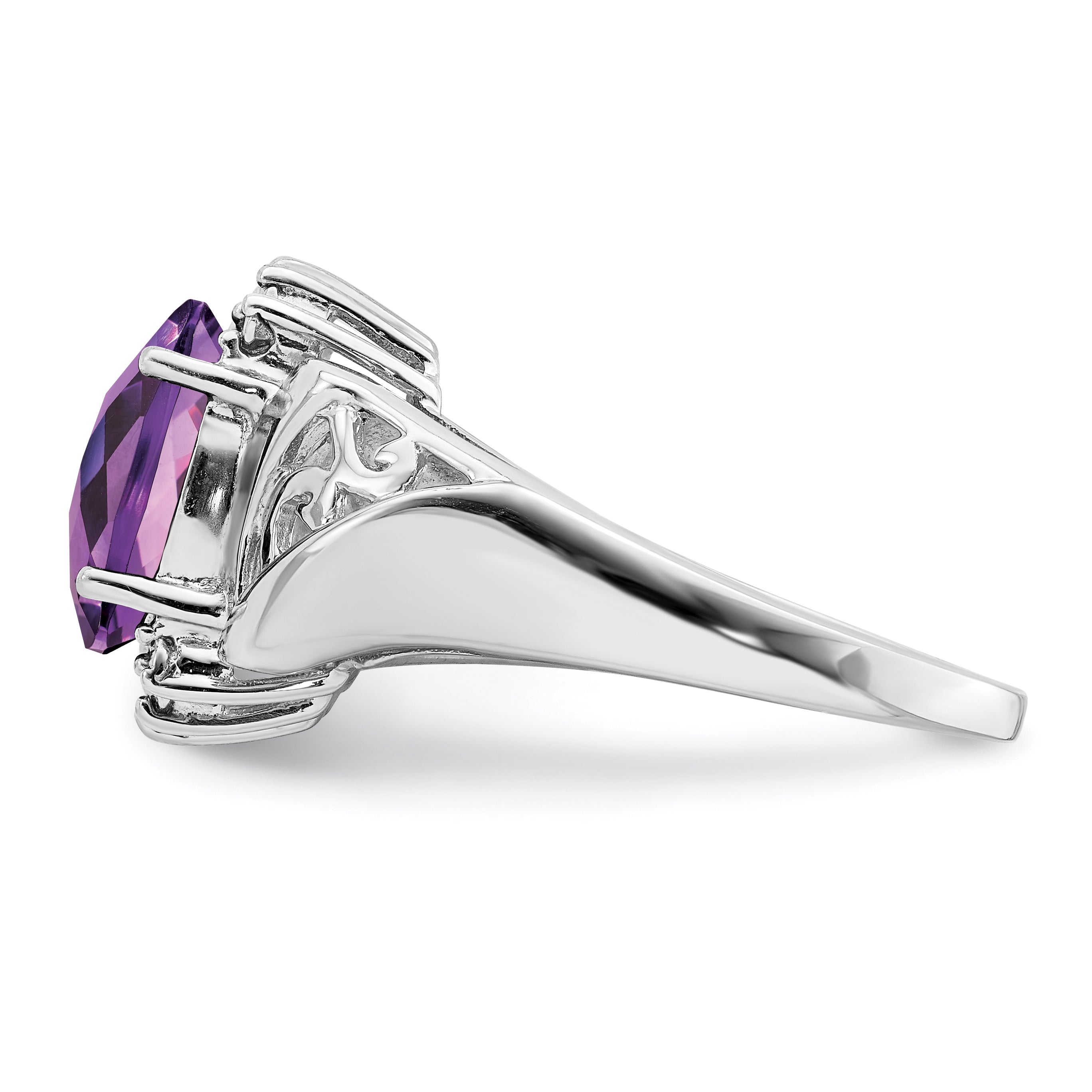 Sterling Silver Rhodium Checker-Cut Amethyst & Oval Diamond Ring