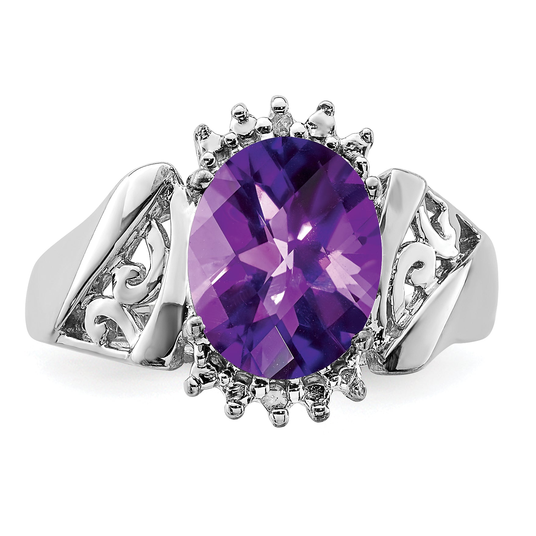 Sterling Silver Rhodium Checker-Cut Amethyst & Oval Diamond Ring