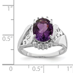 Sterling Silver Rhodium Checker-Cut Amethyst & Oval Diamond Ring