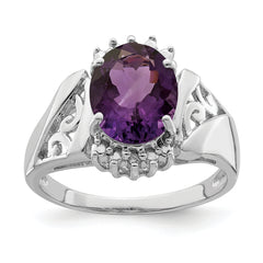 Sterling Silver Rhodium Checker-Cut Amethyst & Oval Diamond Ring