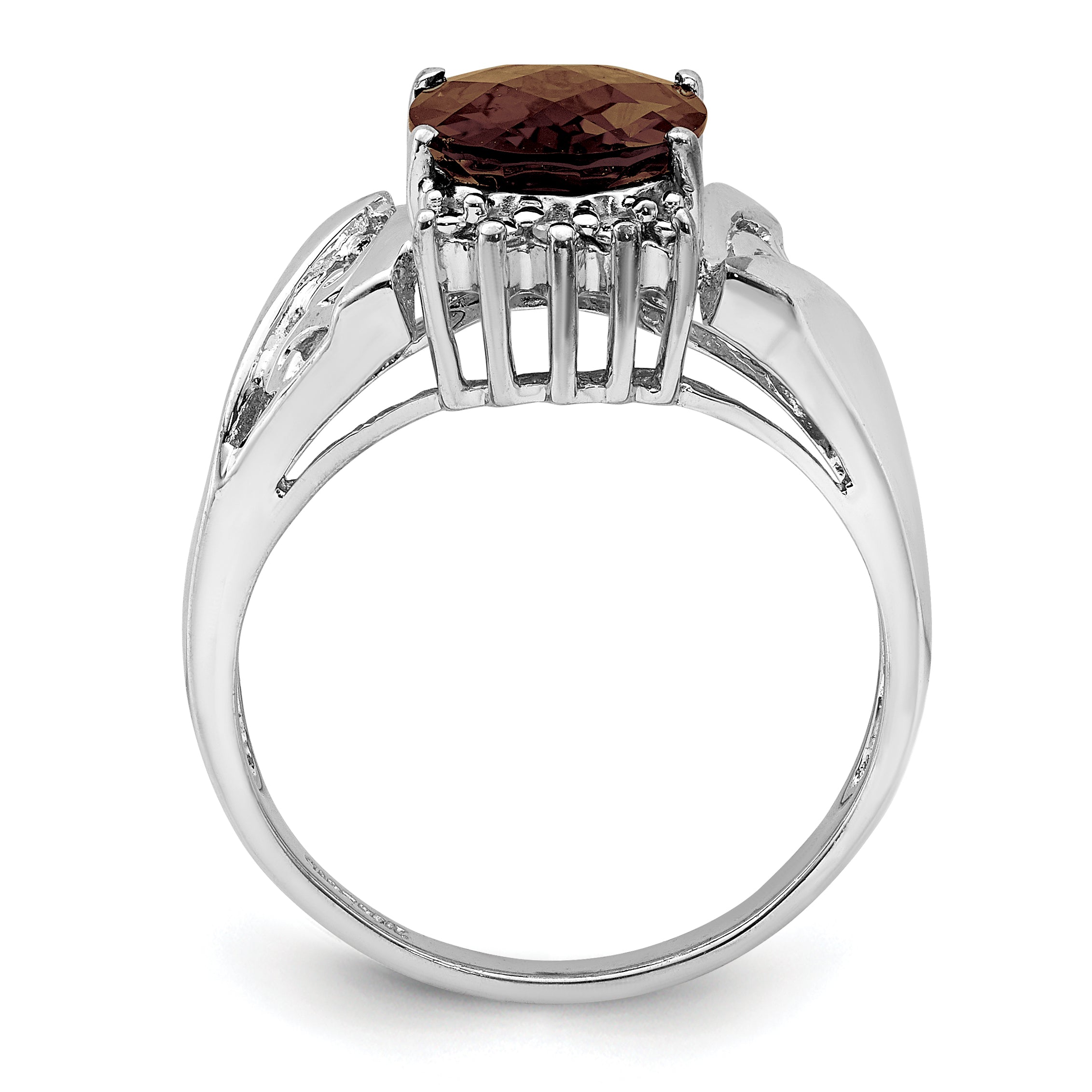 Sterling Silver Rhodium Checker-Cut Smoky Quartz & Oval Diamond Ring