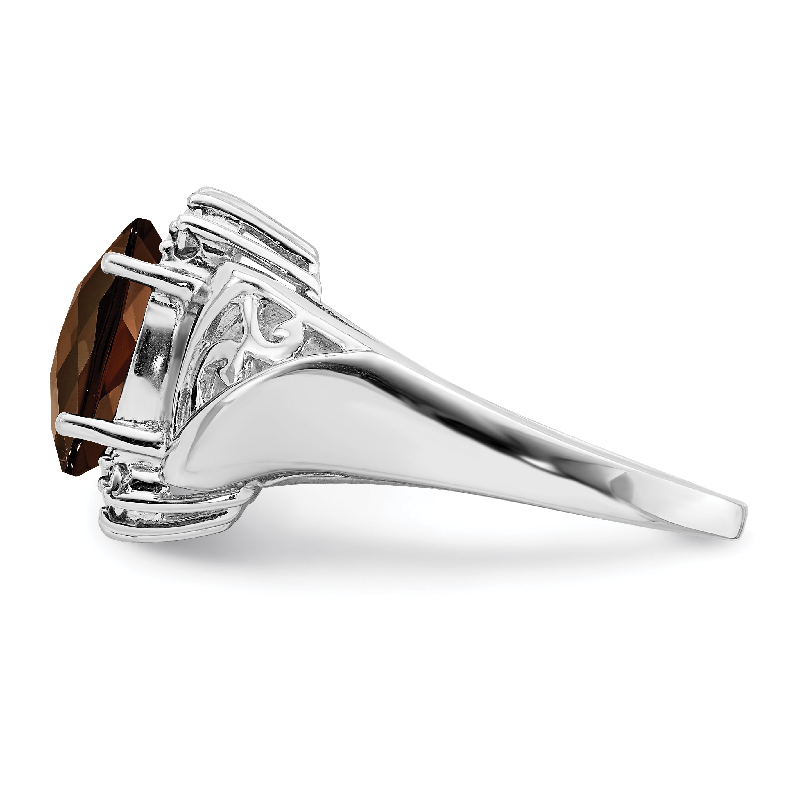 Sterling Silver Rhodium Checker-Cut Smoky Quartz & Oval Diamond Ring