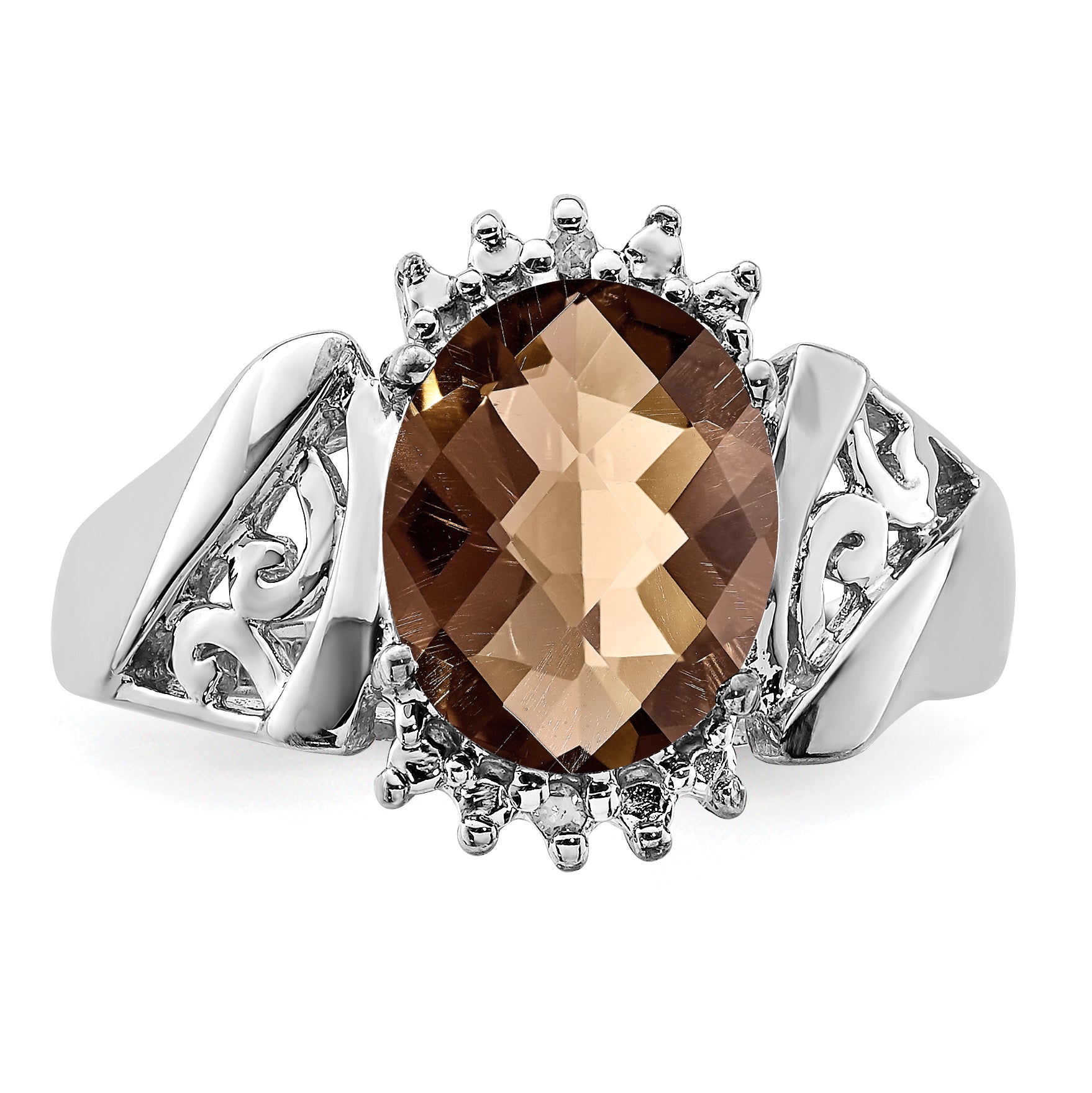 Sterling Silver Rhodium Checker-Cut Smoky Quartz & Oval Diamond Ring