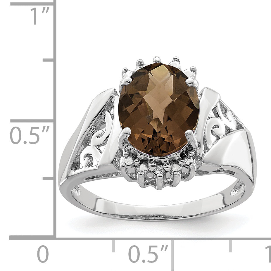 Sterling Silver Rhodium Checker-Cut Smoky Quartz & Oval Diamond Ring