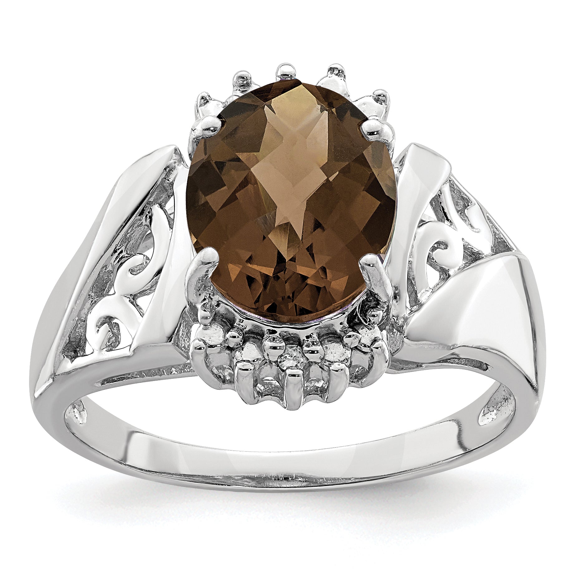 Sterling Silver Rhodium Checker-Cut Smoky Quartz & Oval Diamond Ring