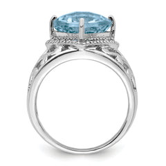 Sterling Silver Rhodium Checker-Cut Sky Blue Topaz & Diamond Ring