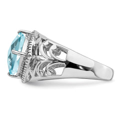 Sterling Silver Rhodium Checker-Cut Sky Blue Topaz & Diamond Ring