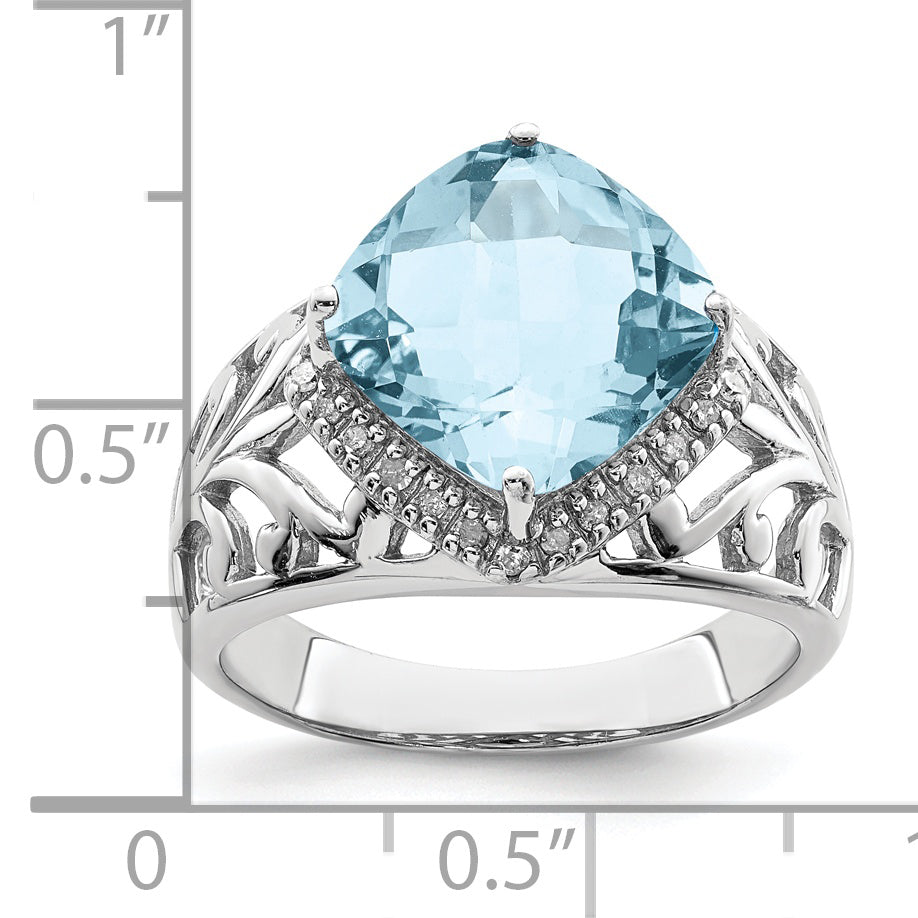 Sterling Silver Rhodium Checker-Cut Sky Blue Topaz & Diamond Ring