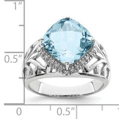 Sterling Silver Rhodium Checker-Cut Sky Blue Topaz & Diamond Ring