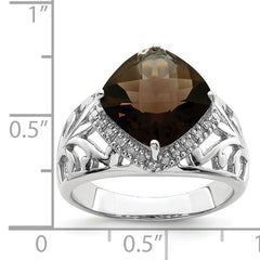 Sterling Silver Rhodium Checker-Cut Smoky Quartz & Diamond Ring