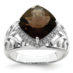 Sterling Silver Rhodium Checker-Cut Smoky Quartz & Diamond Ring