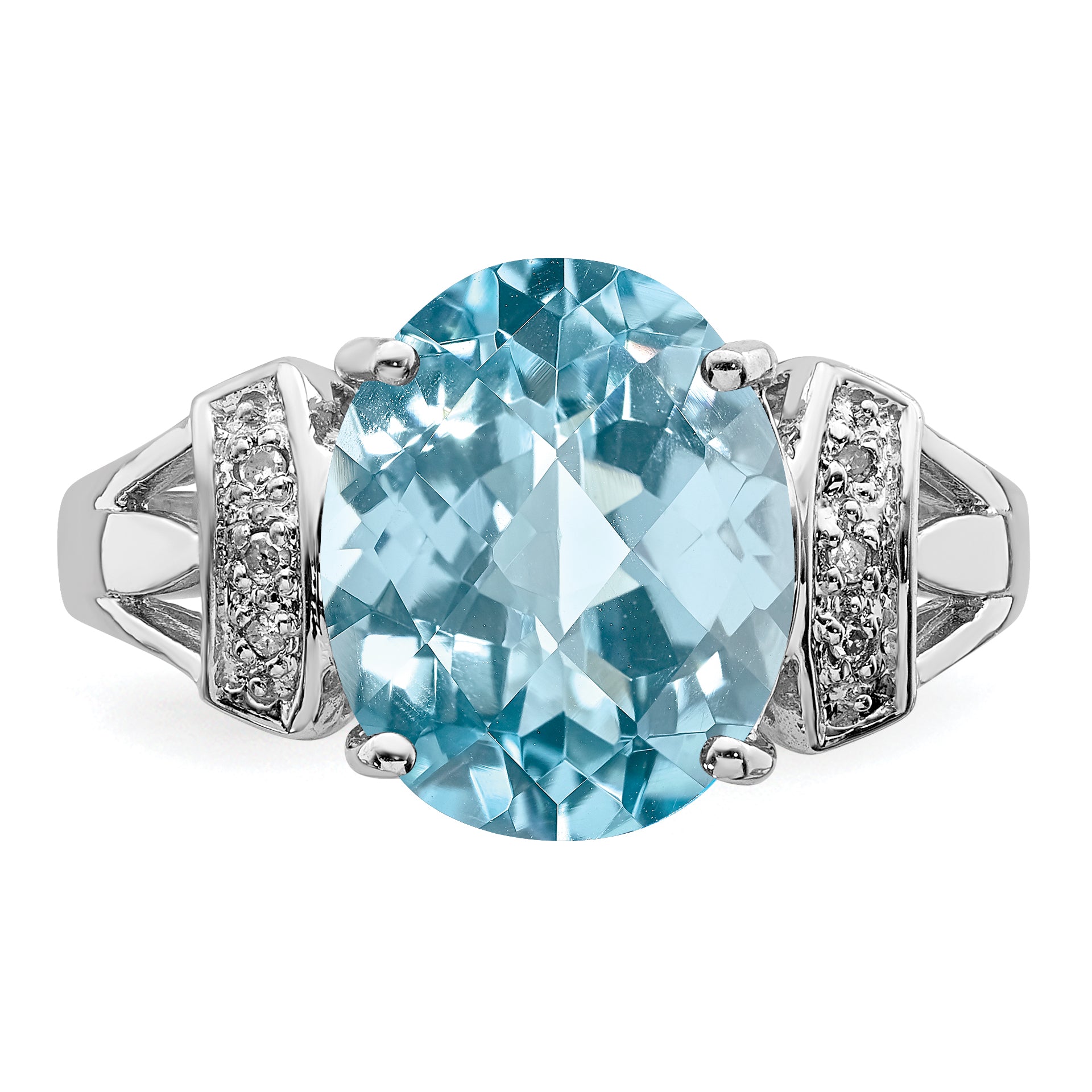 Sterling Silver Rhodium Checker-Cut Sky Blue Topaz & Diamond Ring