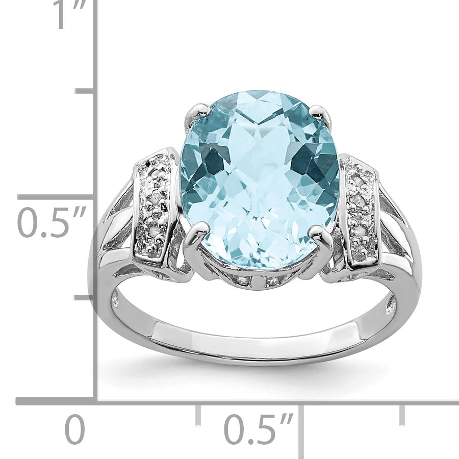 Sterling Silver Rhodium Checker-Cut Sky Blue Topaz & Diamond Ring