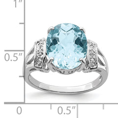 Sterling Silver Rhodium Checker-Cut Sky Blue Topaz & Diamond Ring