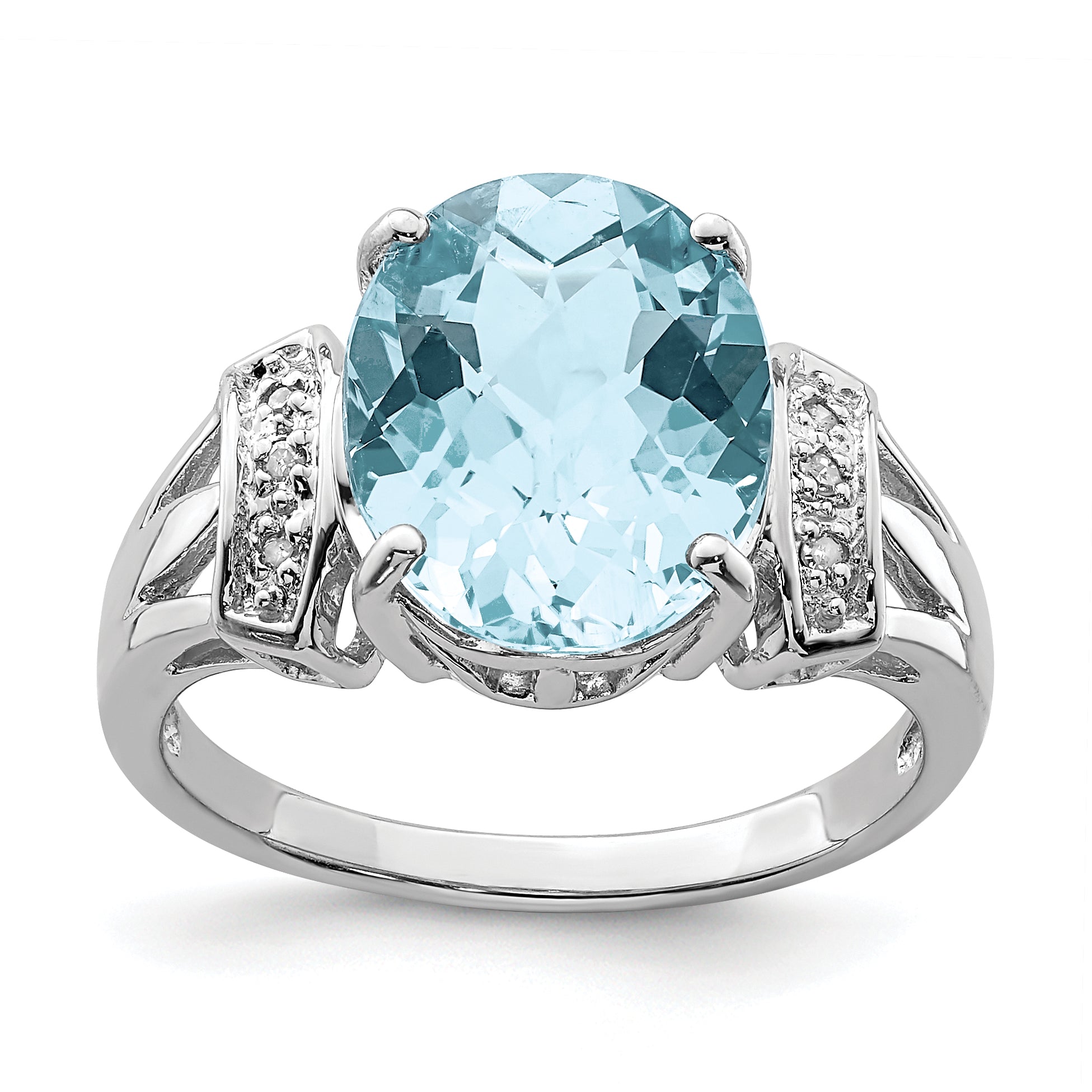 Sterling Silver Rhodium Checker-Cut Sky Blue Topaz & Diamond Ring