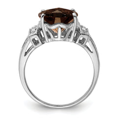 Sterling Silver Rhodium Checker-Cut Smoky Quartz & Diamond Ring