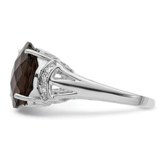 Sterling Silver Rhodium Checker-Cut Smoky Quartz & Diamond Ring