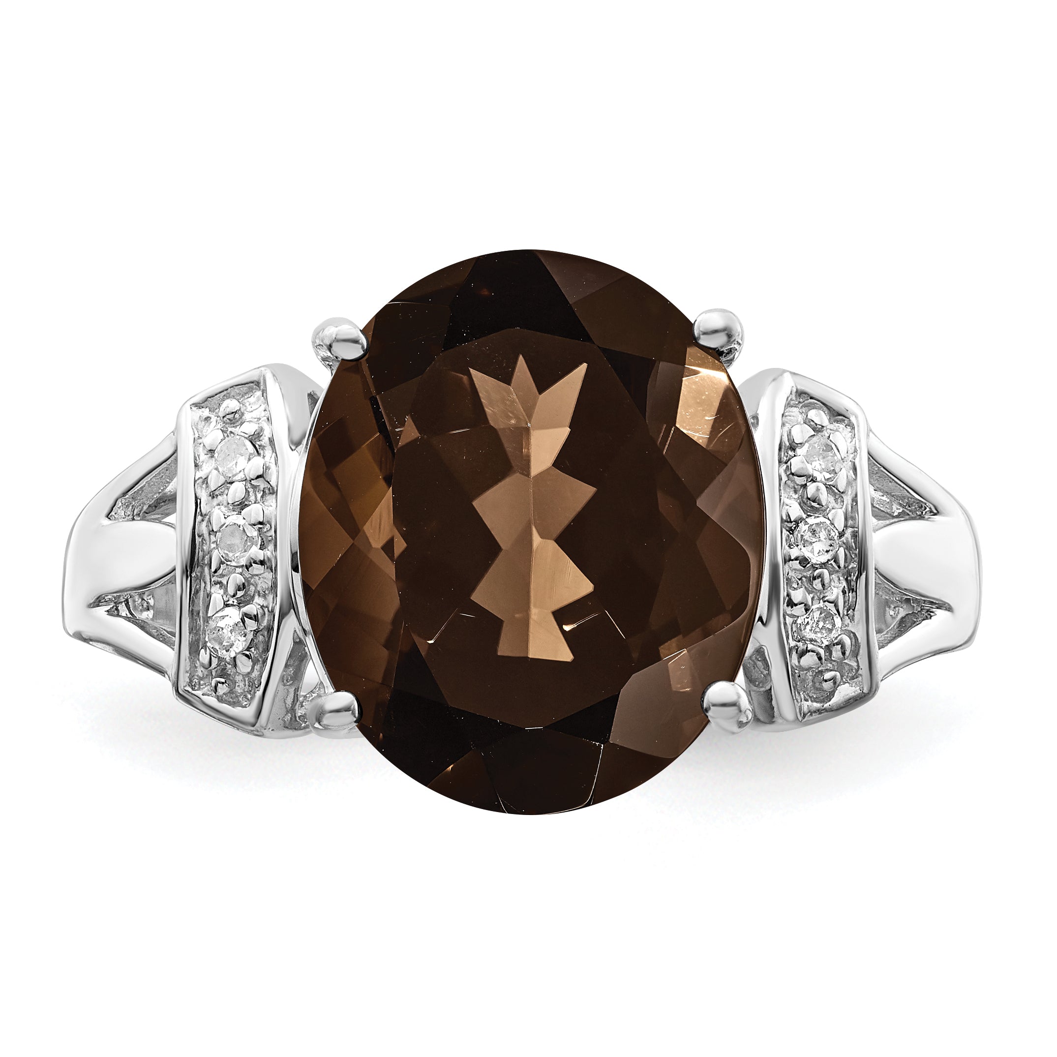 Sterling Silver Rhodium Checker-Cut Smoky Quartz & Diamond Ring