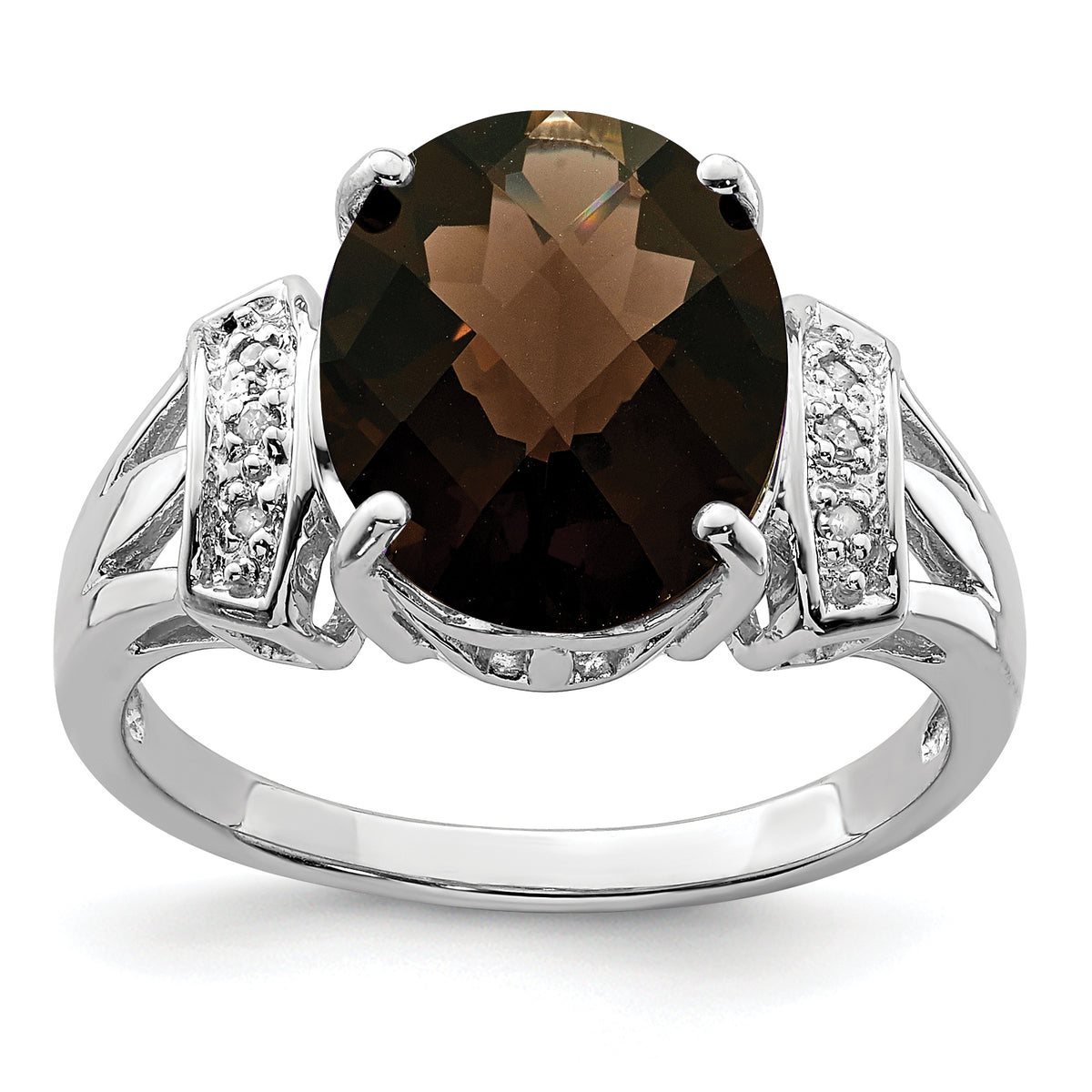 Sterling Silver Rhodium Oval Checker-Cut Smoky Quartz & Diamond Ring