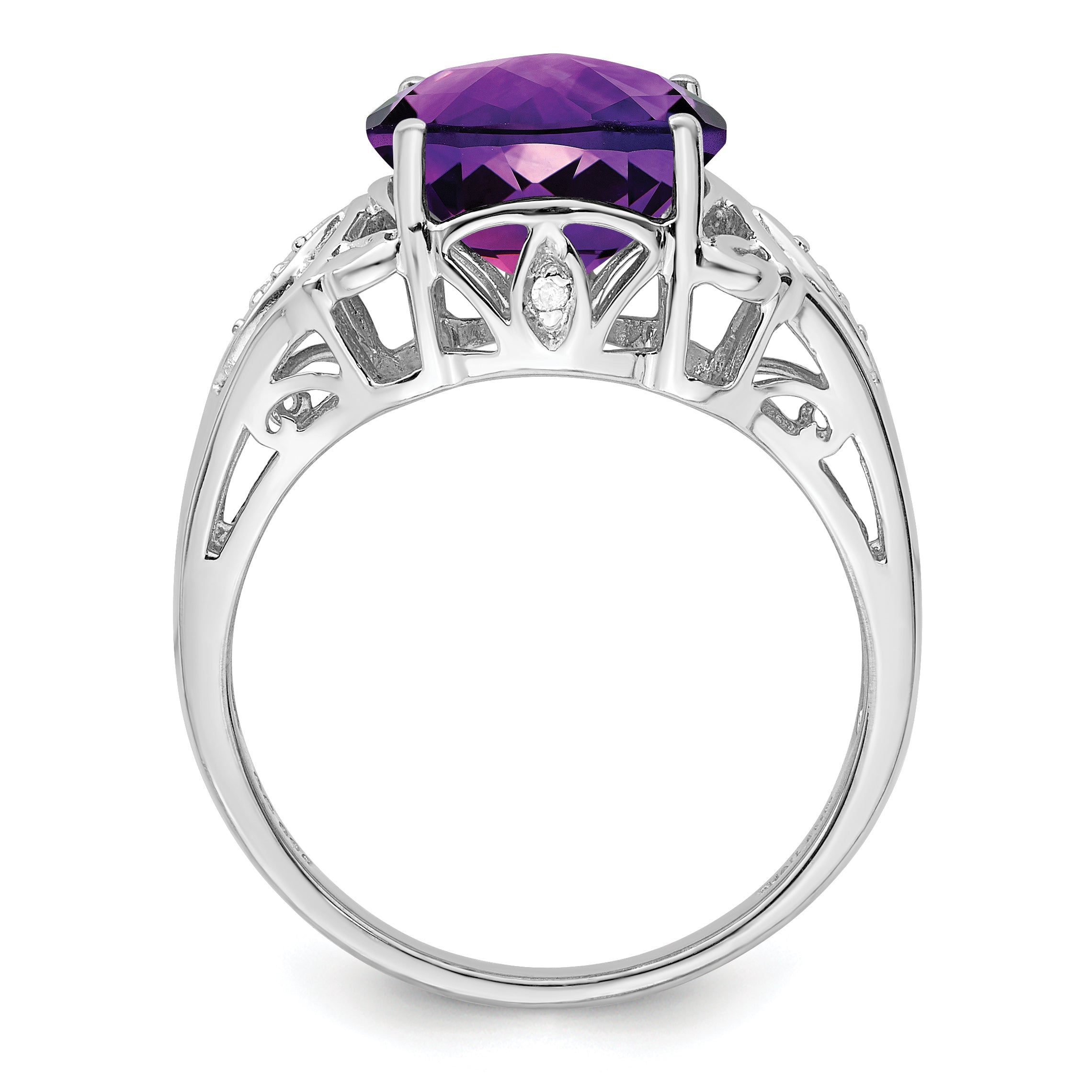 Sterling Silver Rhodium-plated Checker-Cut Amethyst & Diamond Ring