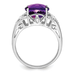 Sterling Silver Rhodium-plated Checker-Cut Amethyst & Diamond Ring