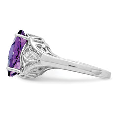 Sterling Silver Rhodium-plated Checker-Cut Amethyst & Diamond Ring