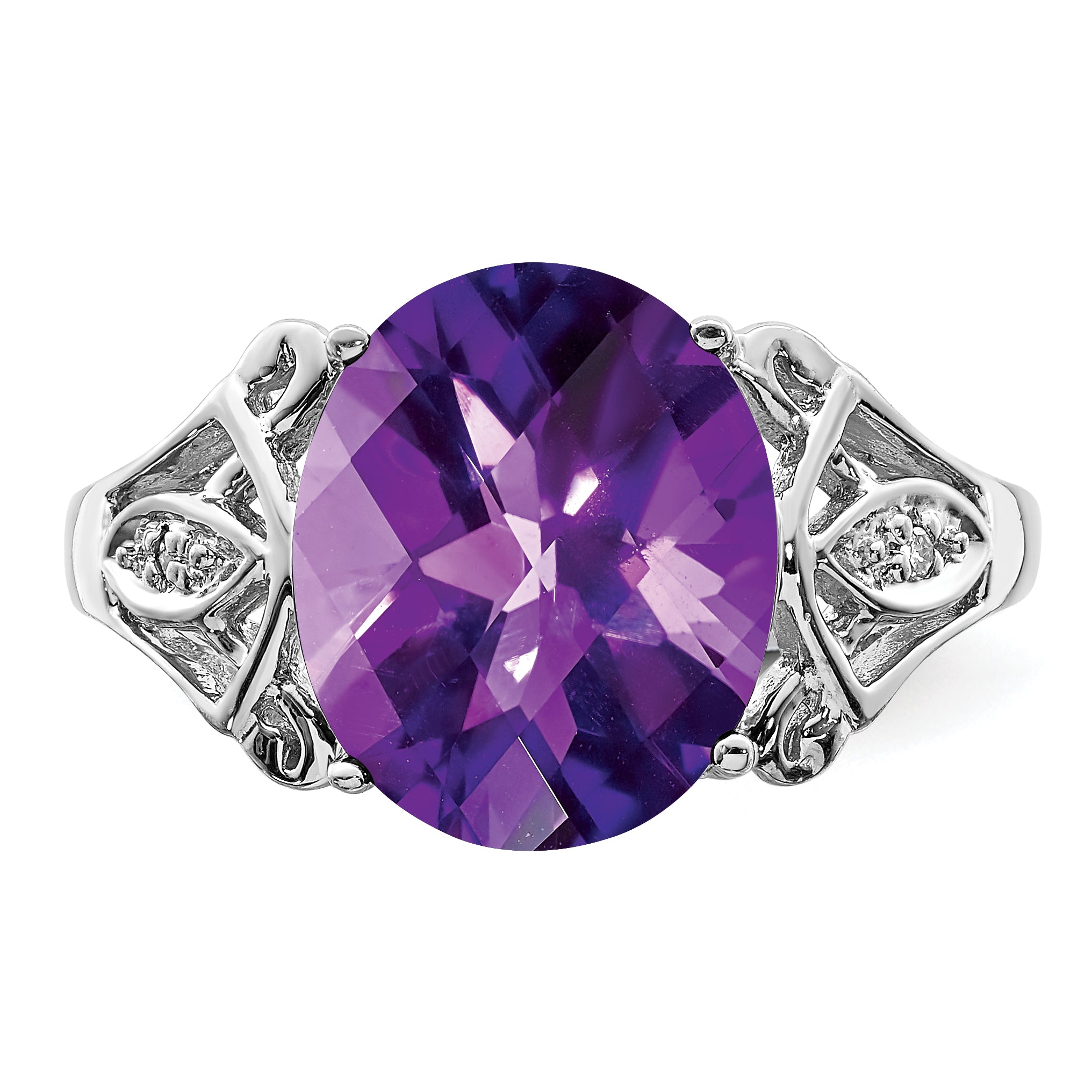 Sterling Silver Rhodium-plated Checker-Cut Amethyst & Diamond Ring