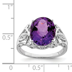 Sterling Silver Rhodium-plated Checker-Cut Amethyst & Diamond Ring