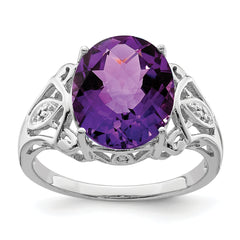 Sterling Silver Rhodium Oval Checker-Cut Amethyst & Diamond Ring