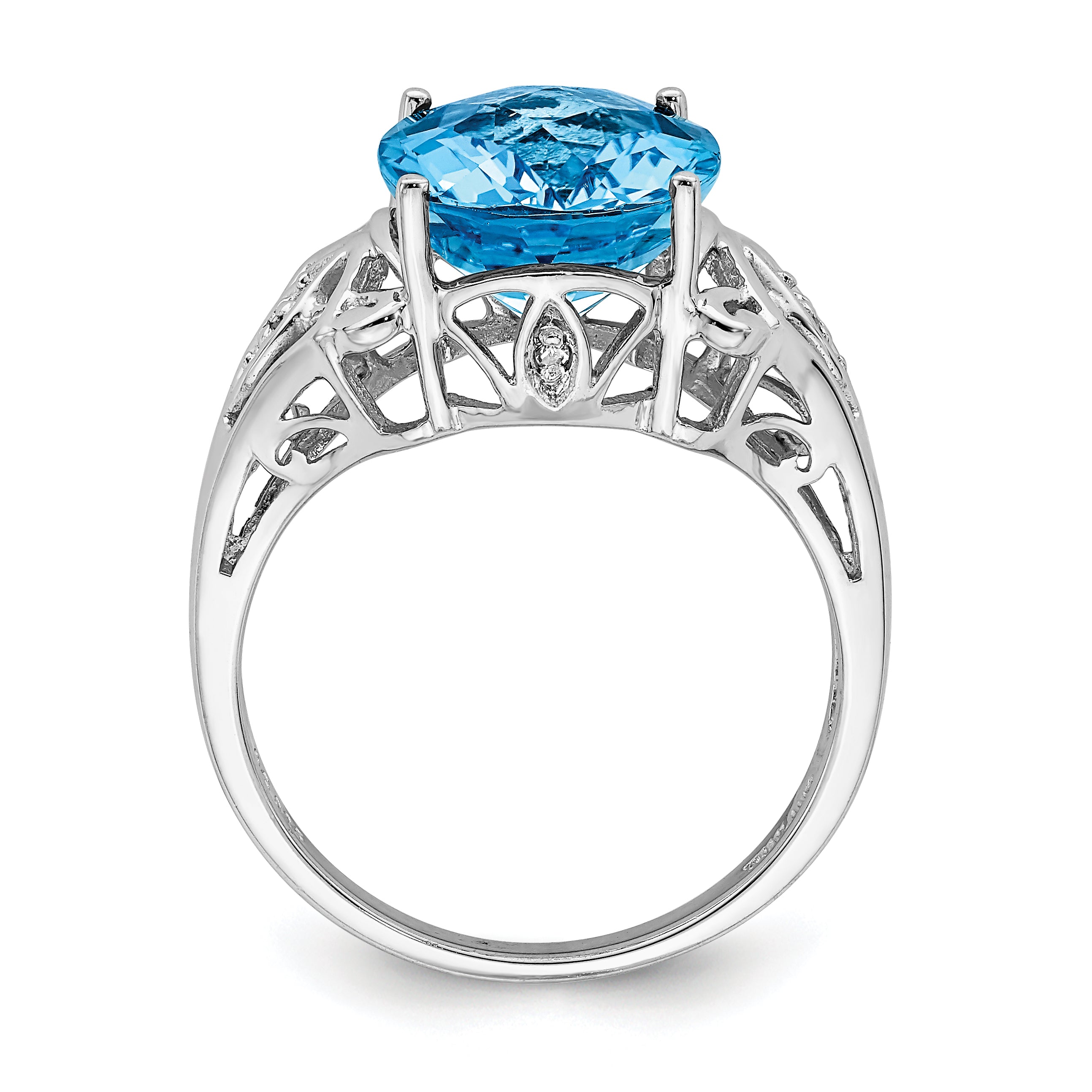 Sterling Silver Rhodium Oval Checker-Cut Blue Topaz & Diamond Ring