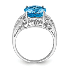 Sterling Silver Rhodium Oval Checker-Cut Blue Topaz & Diamond Ring