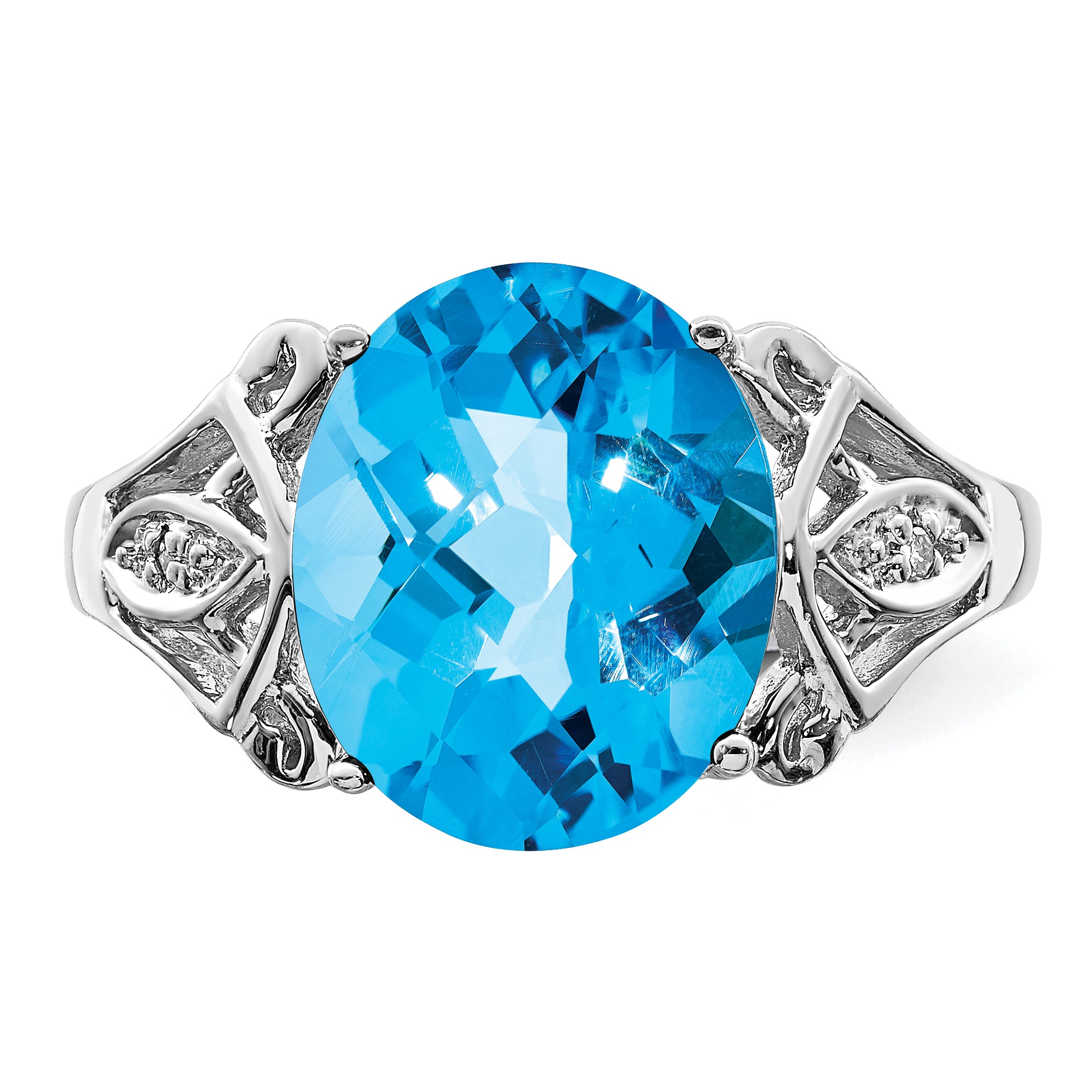 Sterling Silver Rhodium Oval Checker-Cut Blue Topaz & Diamond Ring