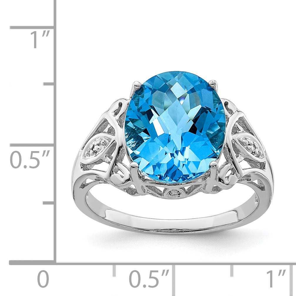 Sterling Silver Rhodium Oval Checker-Cut Blue Topaz & Diamond Ring