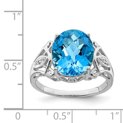 Sterling Silver Rhodium Oval Checker-Cut Blue Topaz & Diamond Ring