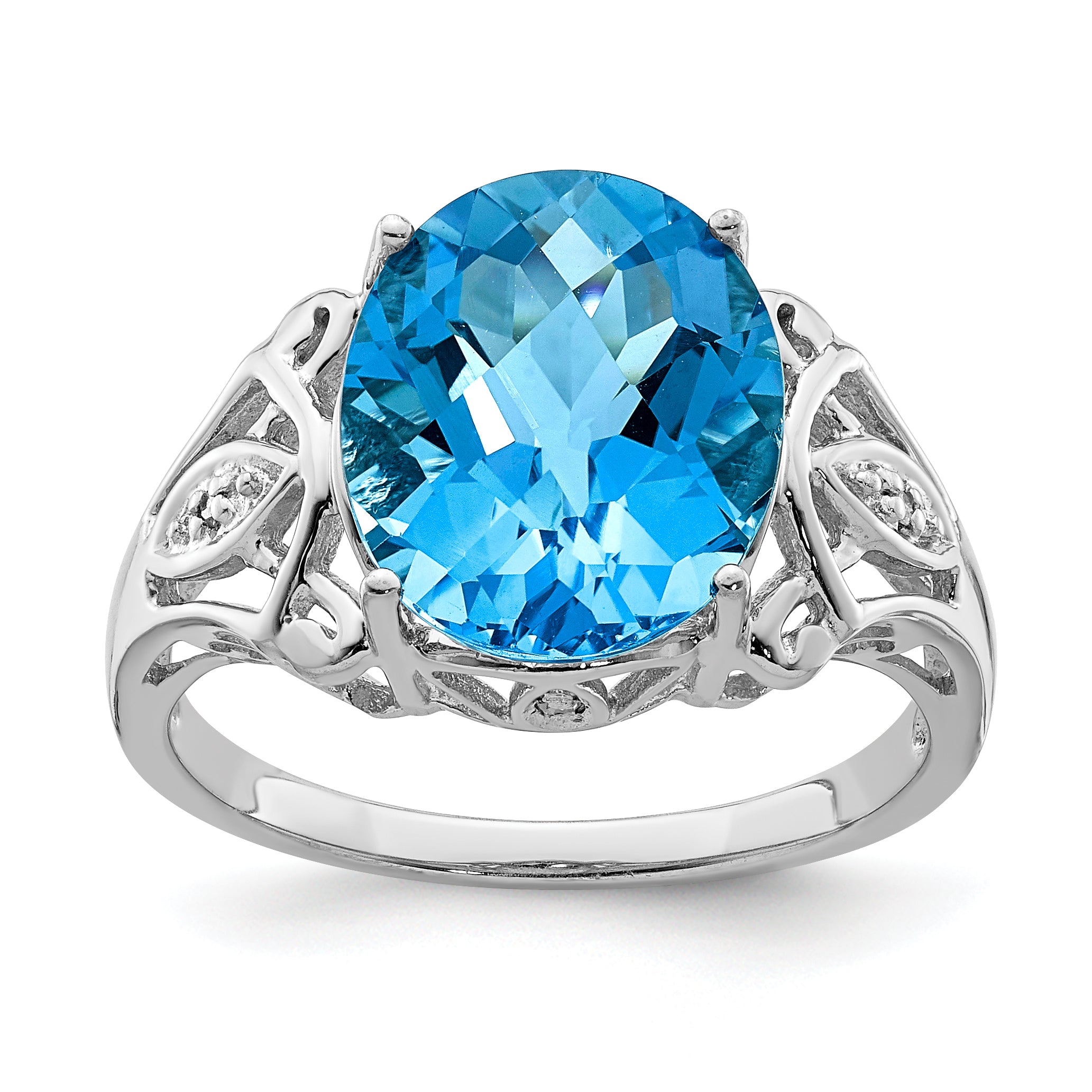 Sterling Silver Rhodium Oval Checker-Cut Blue Topaz & Diamond Ring