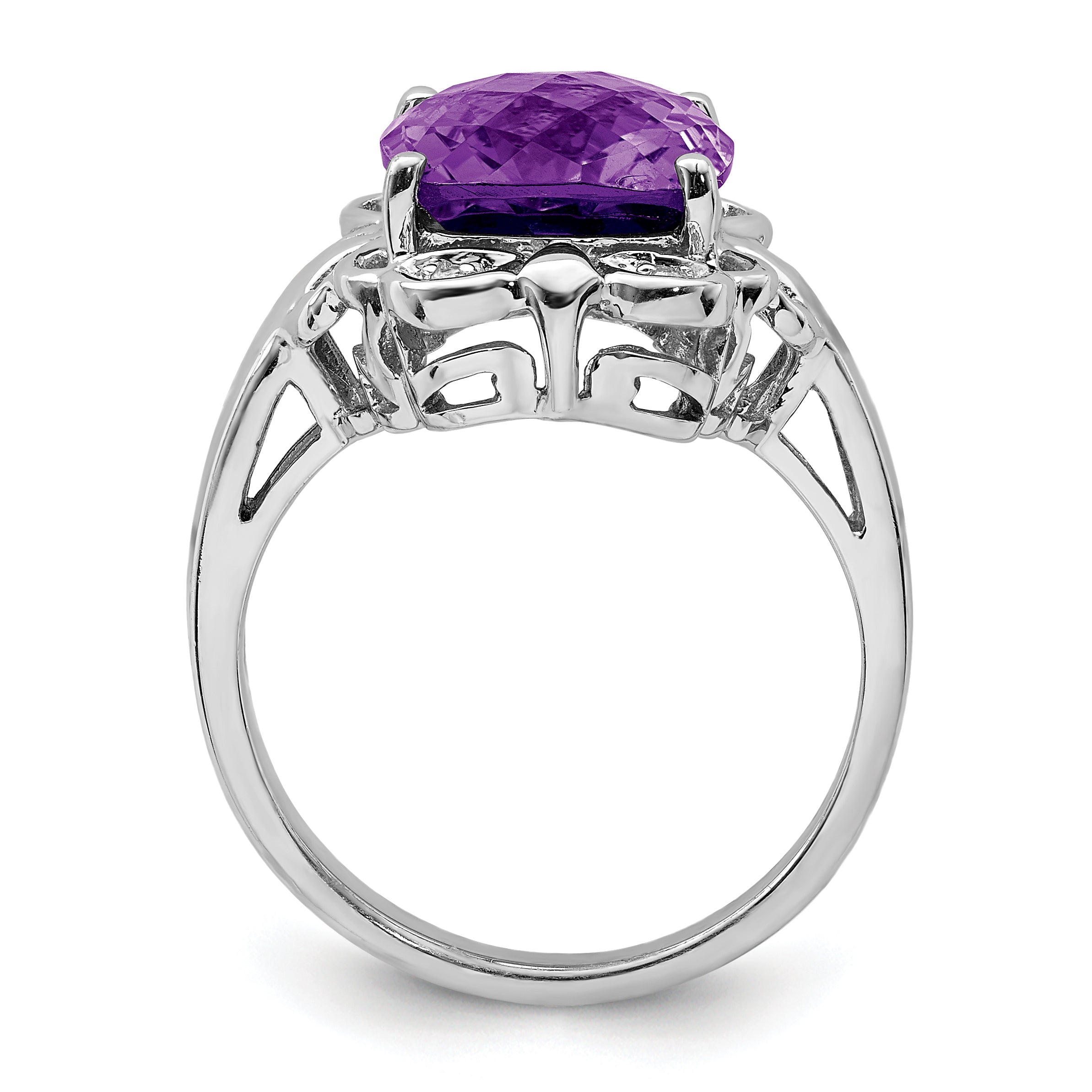 Sterling Silver Rhodium-plated Checker-Cut Amethyst & Diamond Ring